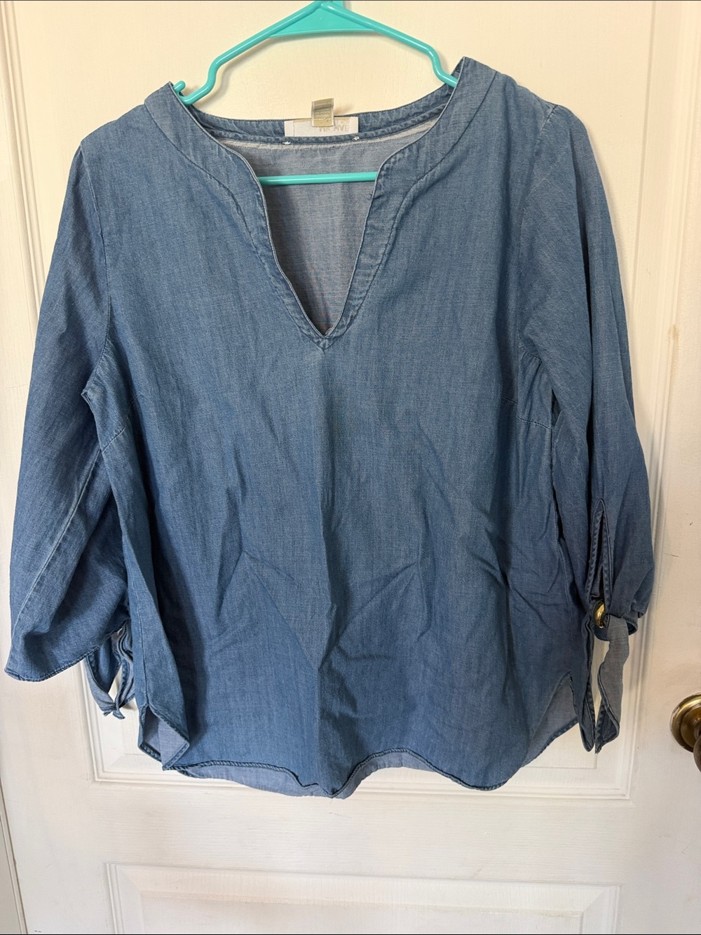 Light Blue Denim Top-Women's V-Neck Casual Shirt Michael Kors-breezy-summer